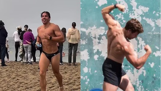 Filho de Schwarzenegger celebra aniversário de 26 anos com vídeo de sunga na praia e impressiona por físico e semelhança com o pai