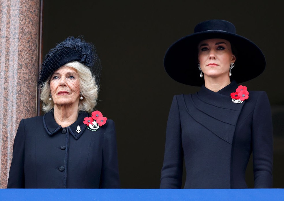 Rainha Consorte, Camilla, e Kate Middleton no Rememberance Day — Foto: Getty Images