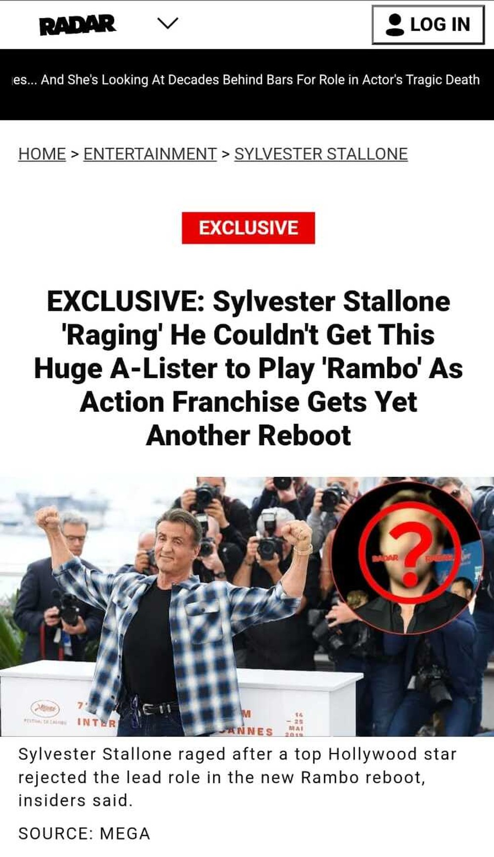 Matéria do site norte-americano Radar sobre a opinião de Sylvester Stallone sobre ator escolhido para ser o novo Rambo — Foto: Reprodução