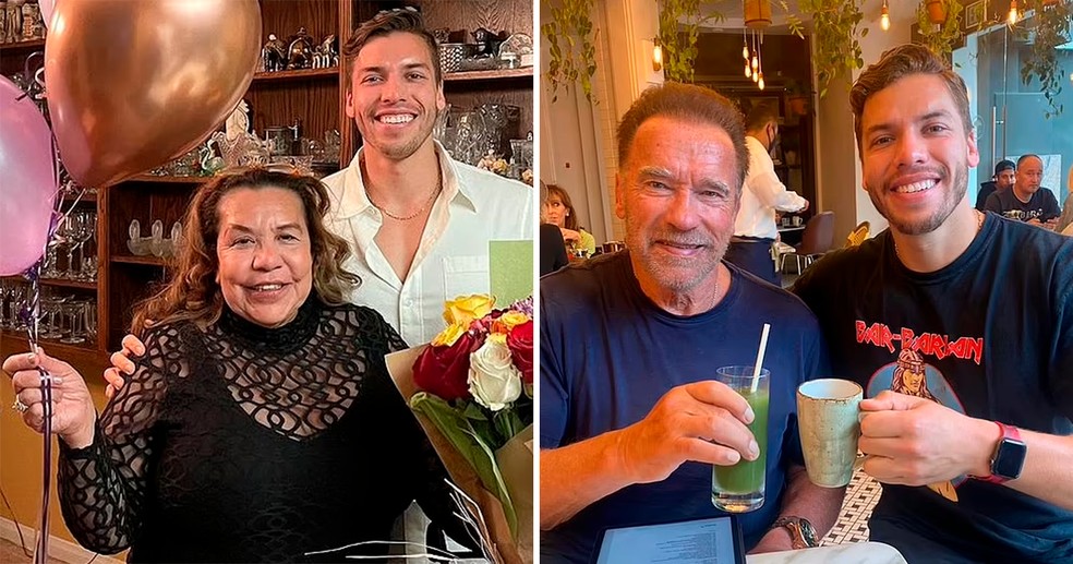 Joseph Baena em dois momentos: ao lado da mãe Mildred e ao lado do pai Arnold Schwarzenegger — Foto: reprodução/Instagram