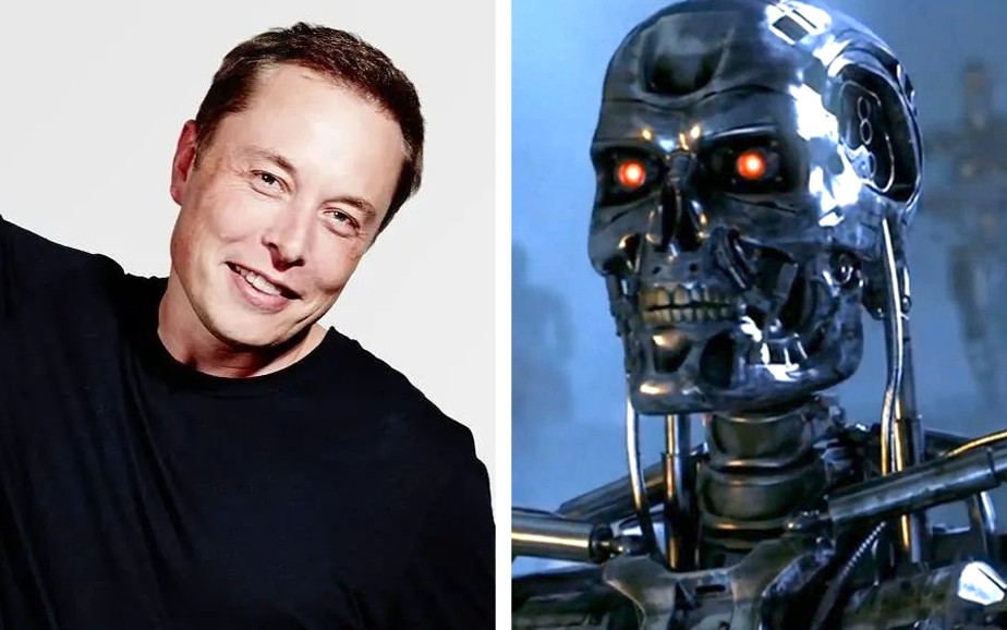 O empresário Elon Musk e um dos robôs de 'Exterminador do Futuro'