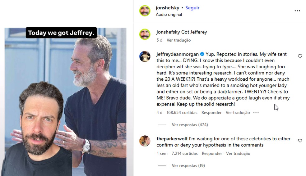 Jeffrey Dean Morgan deixou o comentário no post do influencer — Foto: Reprodução/Instagram