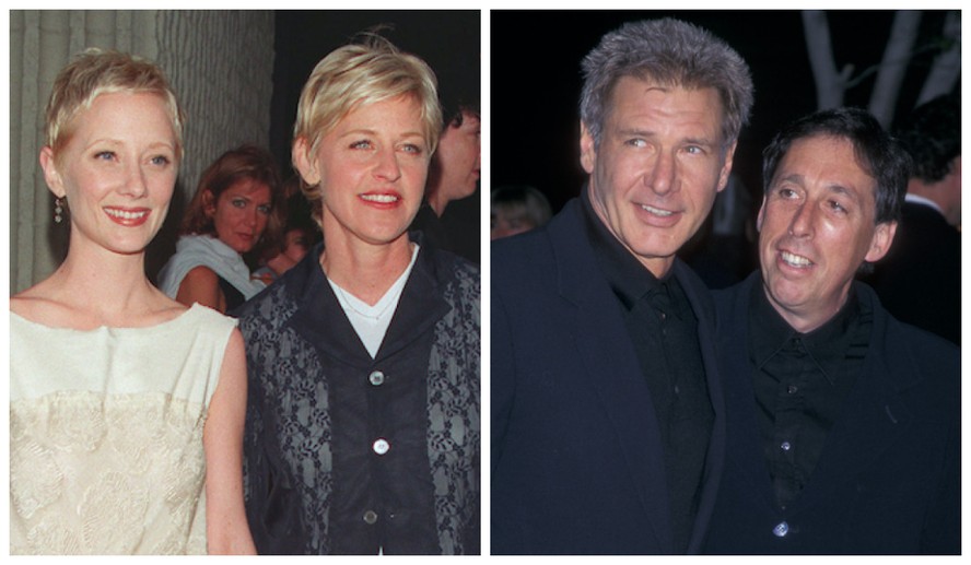 Anne Heche (1969-2022) com Ellen DeGeneres e Harrison Ford com Ivan Reitman (1946-2022) no lançamento de Seis Dias, Sete Noites (1998)