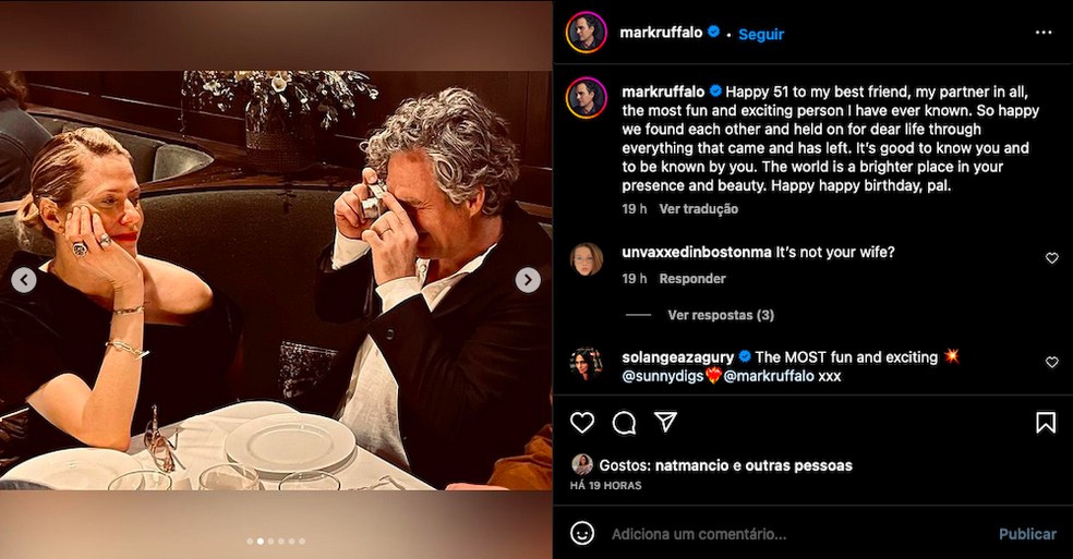 O post de Mark Ruffalo celebrando o aniversário da esposa, Sunrise Ruffalo — Foto: Instagram