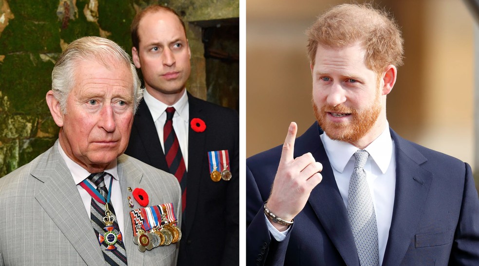 O rei Charles e o príncipe William (à esquerda); príncipe Harry — Foto: Getty Images