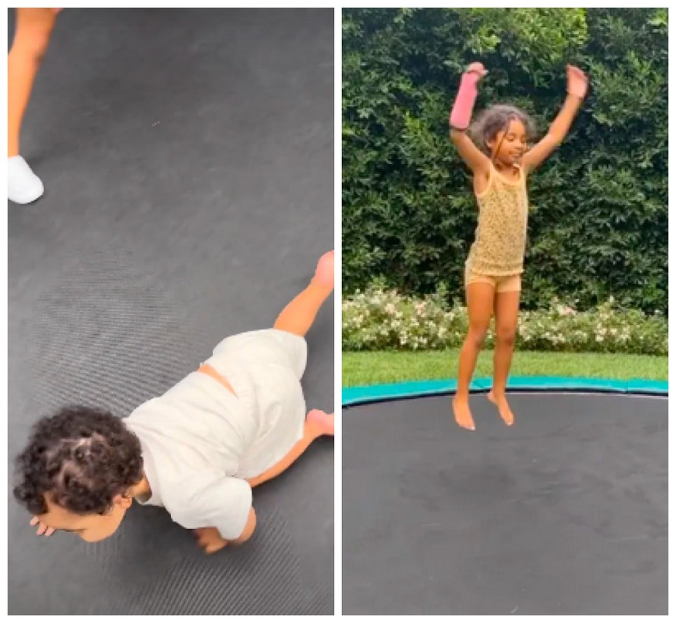 Imagens dos vídeos de Khloé Kardashian com seus filhos no trampolim — Foto: Instagram