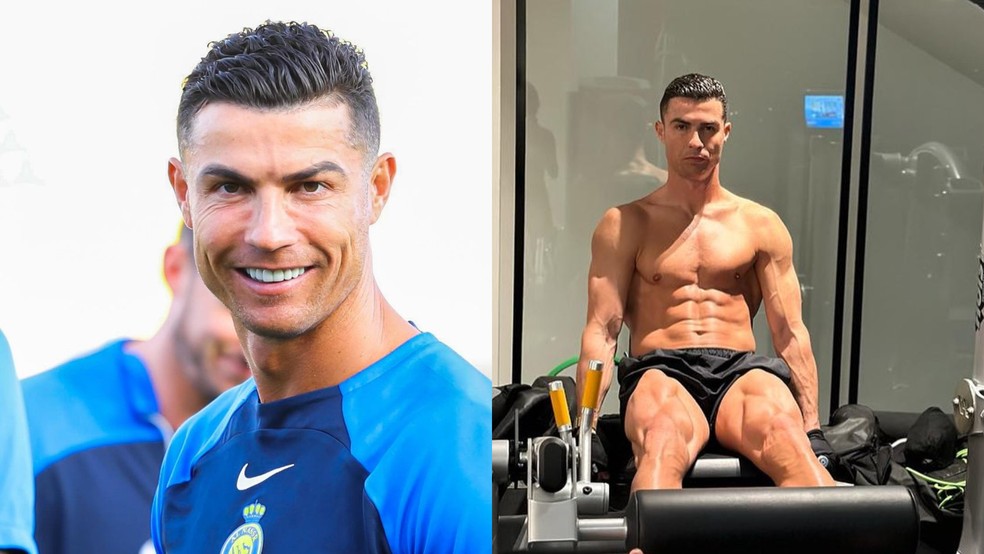 Cristiano Ronaldo em treinos pelo Al-Nassr; o atleta com seu físico 'trincado' na academia — Foto: Reprodução/Instagram