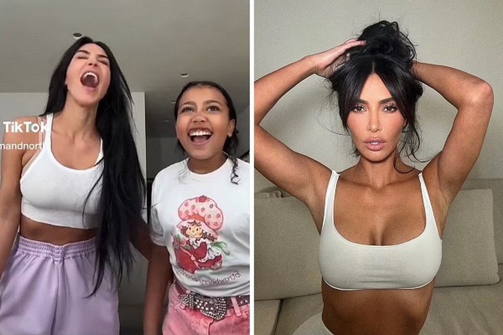 Kim Kardashian em vídeo brincando com a filha (esquerda) e fazendo carão (direita)  — Foto: TikTok/Instagram