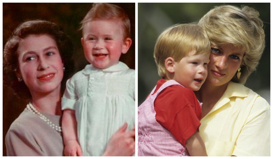 A Rainha Elizabeth II (1926-2022) com o Rei Charles III e a Princesa Diana (1961-1997) com o Príncipe Harry