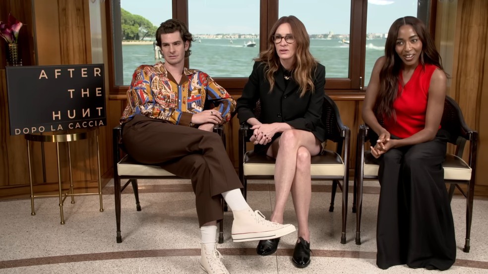 Andrew Garfield, Julia Roberts e Ayo Edebiri durante entrevista — Foto: Reprodução