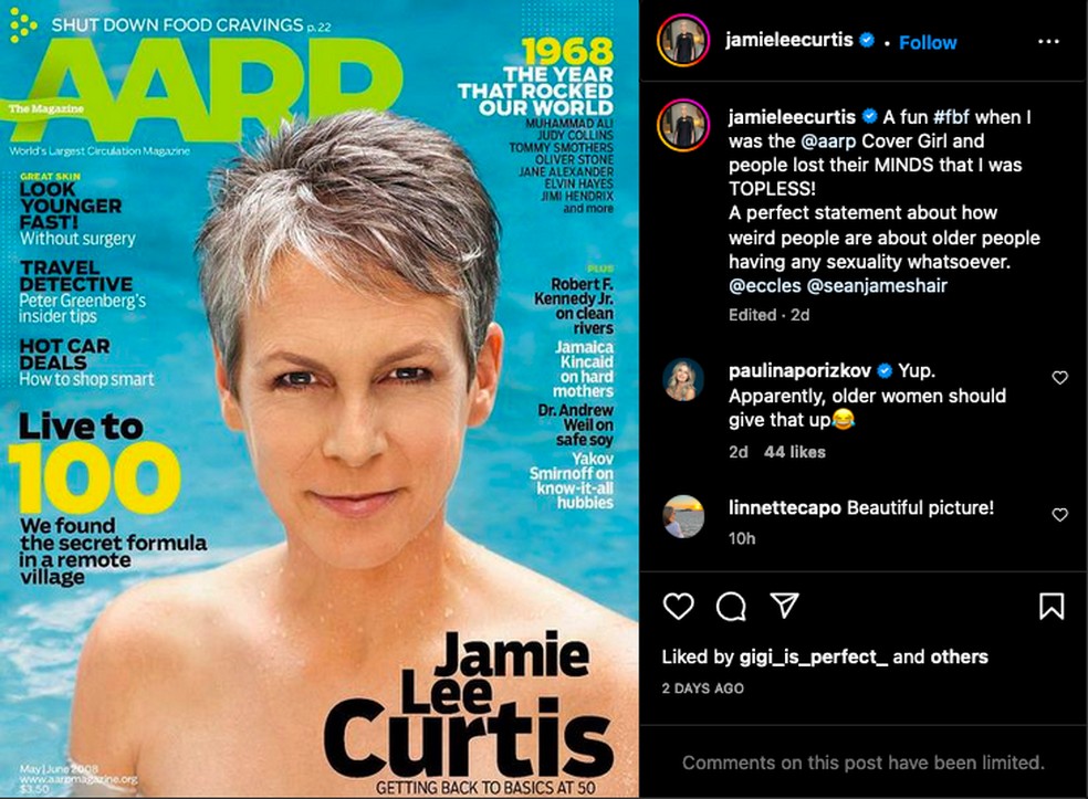Jamie Lee Curtis ataca etarismo em Hollywood com ensaio de topless