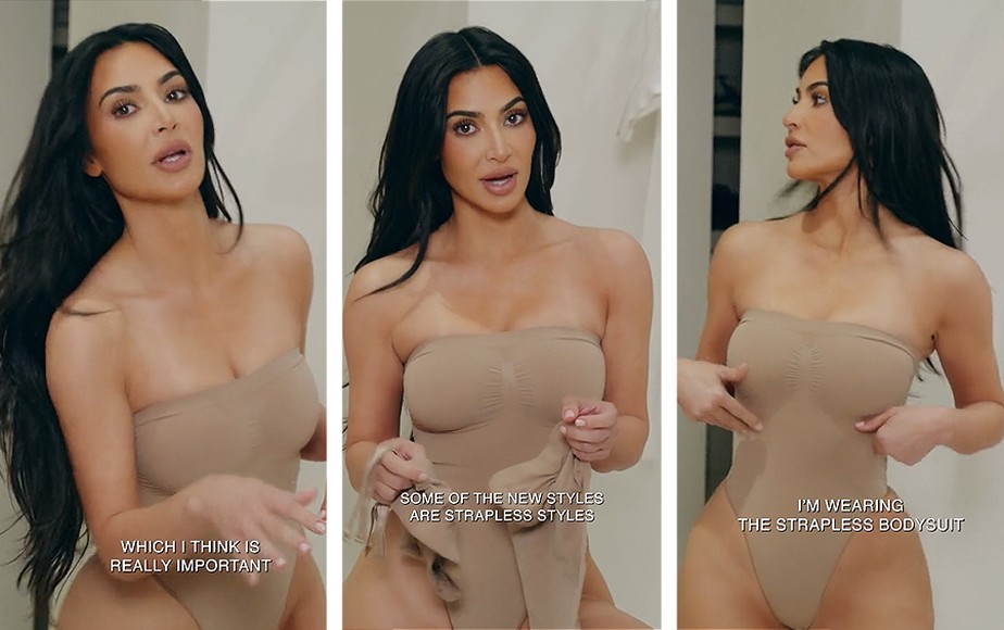 Kim Kardashian com body de sua marca, a Skims