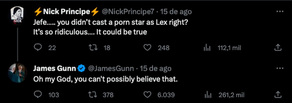 O tuíte de James Gunn rebatendo o boato envolvendo o ator pornô — Foto: Twitter