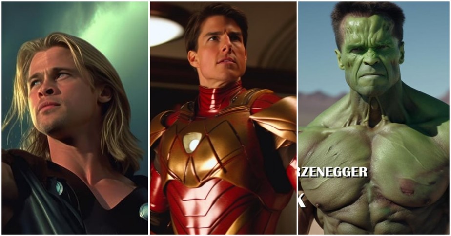 Brad Pitt como Thor, Tom Cruise como Homem de Ferro e Schwarzenegger como Hulk