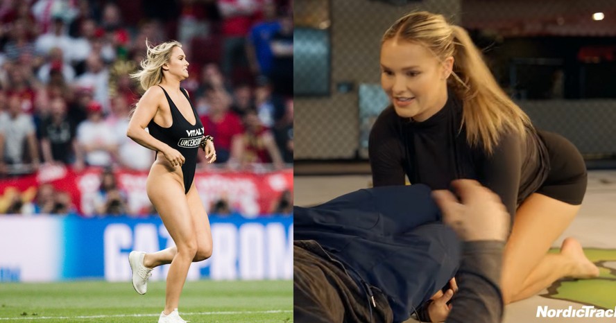 Kinsey Wolanski em invasão ao gramado da final da Champions League 2018/19; a modelo e influencer treinando em um octógono