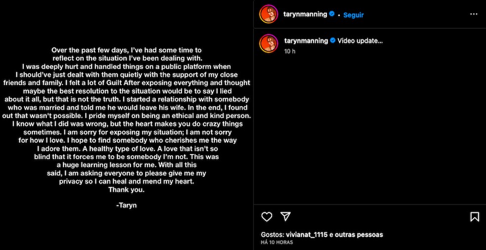 O post com o pedido de desculpas da atriz Taryn Manning — Foto: Instagram