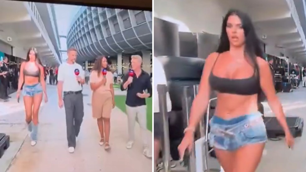 A modelo e influencer croata Ivana Knöll apareceu meio sem querer na transmissão da F1 — Foto: Reprodução/X