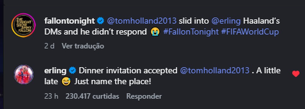 Erling Haaland aceita convite de Tom Holland para jantar — Foto: Reprodução/Instagram