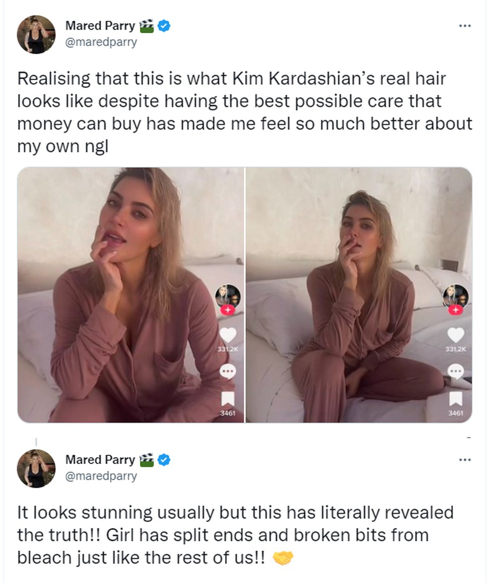 Fãs se surpreenderam com estado real do cabelo de Kim Kardashian — Foto: Twitter