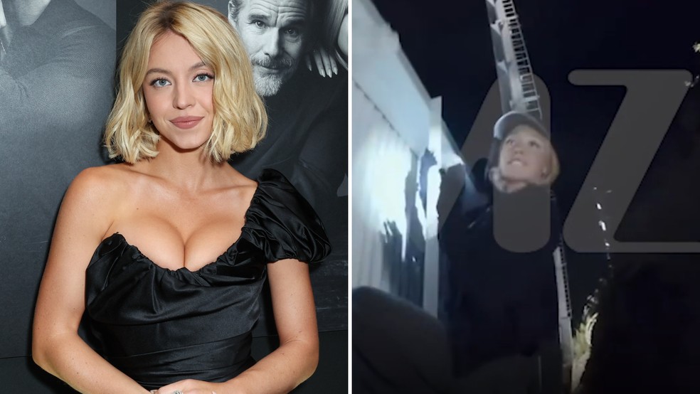 Sydney Sweeney, à direita, escalando o letreiro de Hollywood — Foto: Getty Images; Reprodução/TMZ
