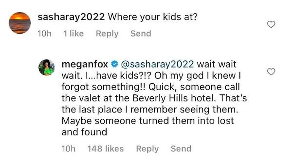 A resposta de Megan Fox a uma seguidora que a questionou sobre o paradeiro de seus três filhos (Foto: Instagram) — Foto: Monet