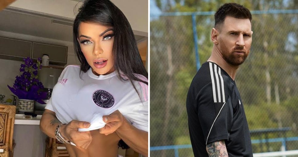 Suzy Cortez com a camisa do Inter Miami; Lionel Messi — Foto: Reprodução/Instagram