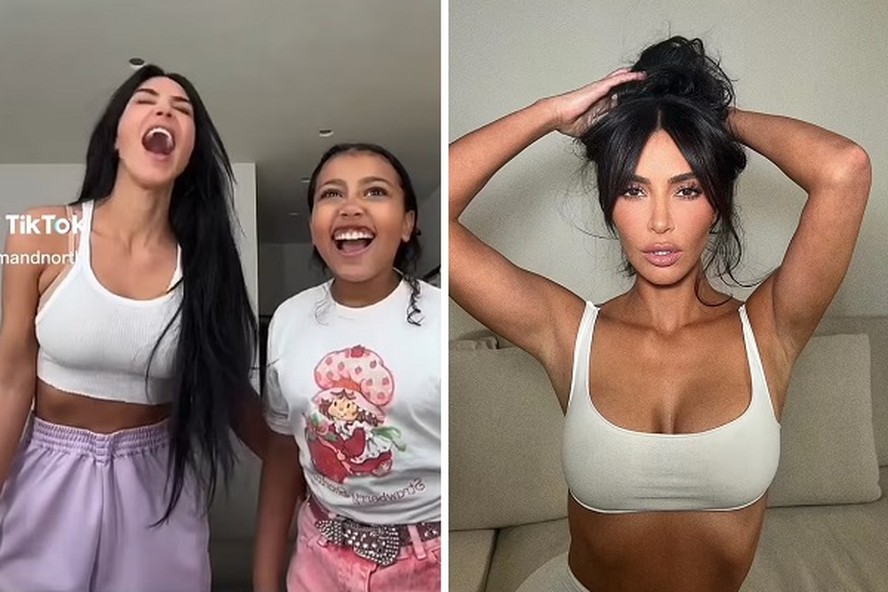 Kim Kardashian em vídeo brincando com a filha (esquerda) e fazendo carão (direita)