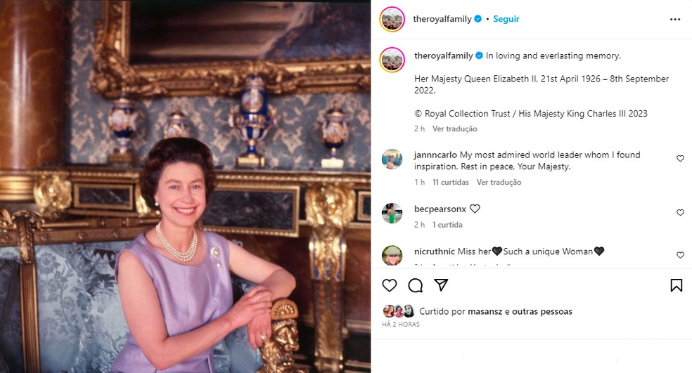 Postagem em homenagem ao primeiro aniversário da morte de Elizabeth II — Foto: reprodução/Instagram