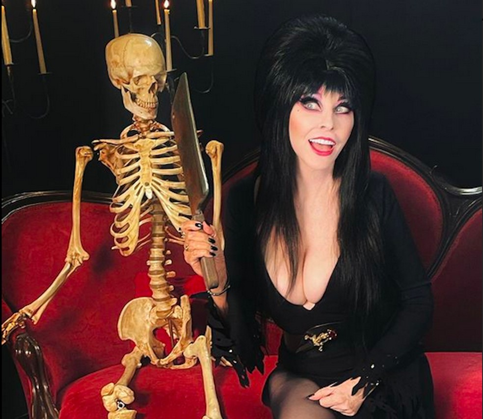 A atriz Cassandra Peterson como a personagem Elvira — Foto: Instagram