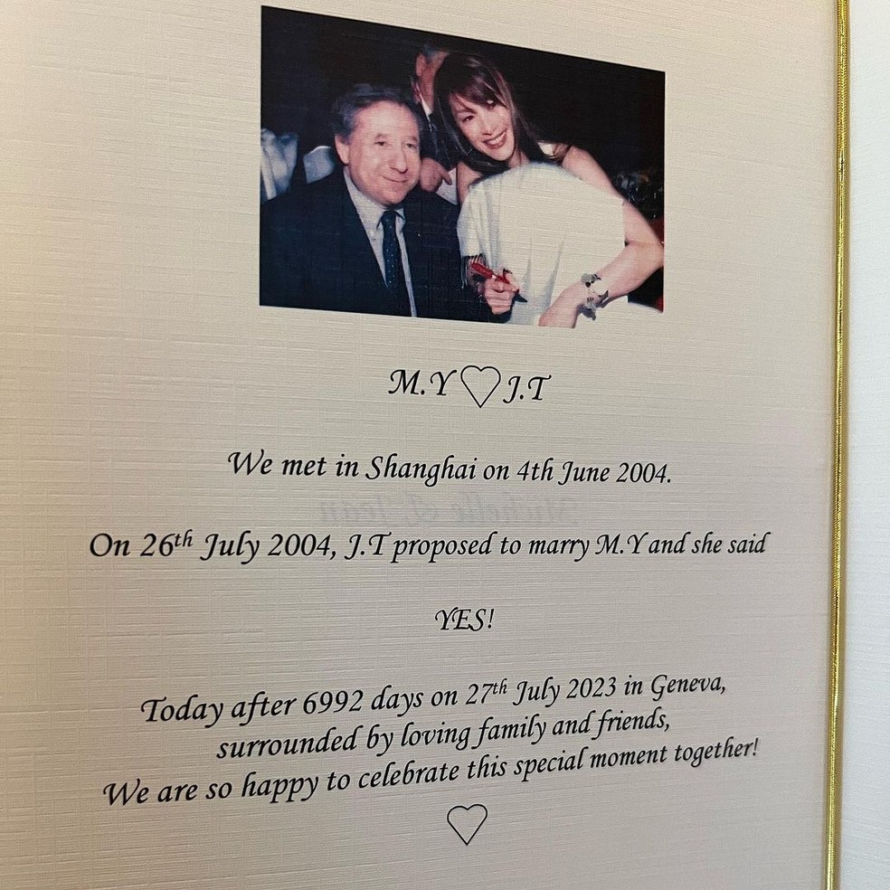 Foto do casamento de Jean Todt e Michelle Yeoh — Foto: reprodução/Instagram