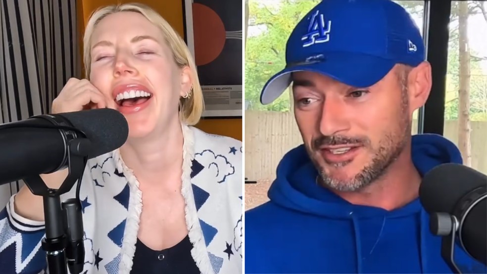 Katherine Ryan e o marido, Bobby Kootstra, no podcast — Foto: Reprodução/Instagram