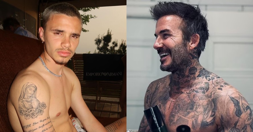 Romeo Beckham em clique sem camisa; o ex-jogador de futebol David Beckham, pai de Romeo, também sem camisa