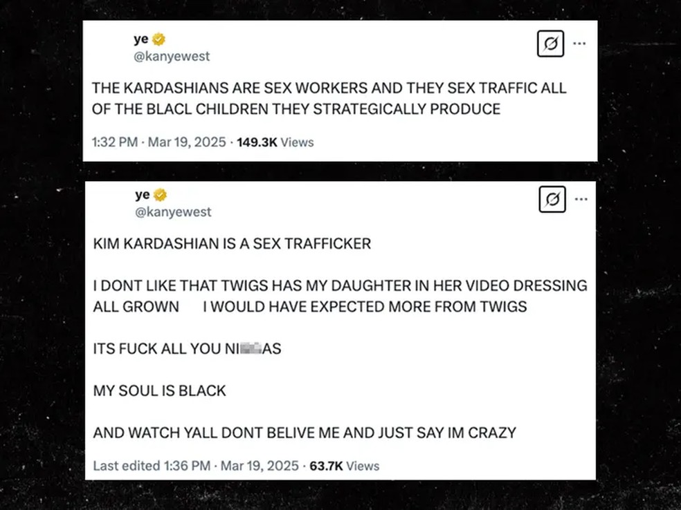 Posts ofensivos de Kanye West contra Kim Kardashian e sua família — Foto: reprodução/X