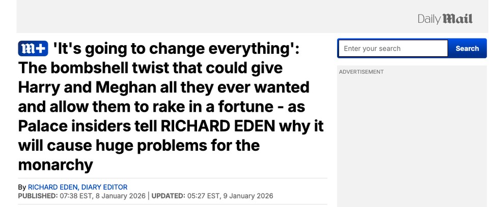 A reportagem do Daily Mail sobre o processo movido pelo Príncipe Harry contra as autoridades britânica — Foto: Reprodução