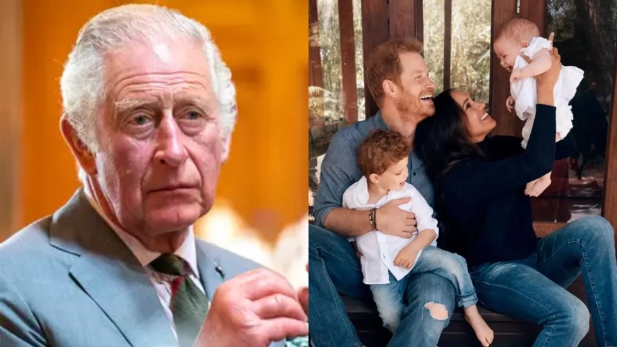 Rei Charles, Príncipe Harry e a duquesa Meghan Markle com os filhos Archie e Lilibet