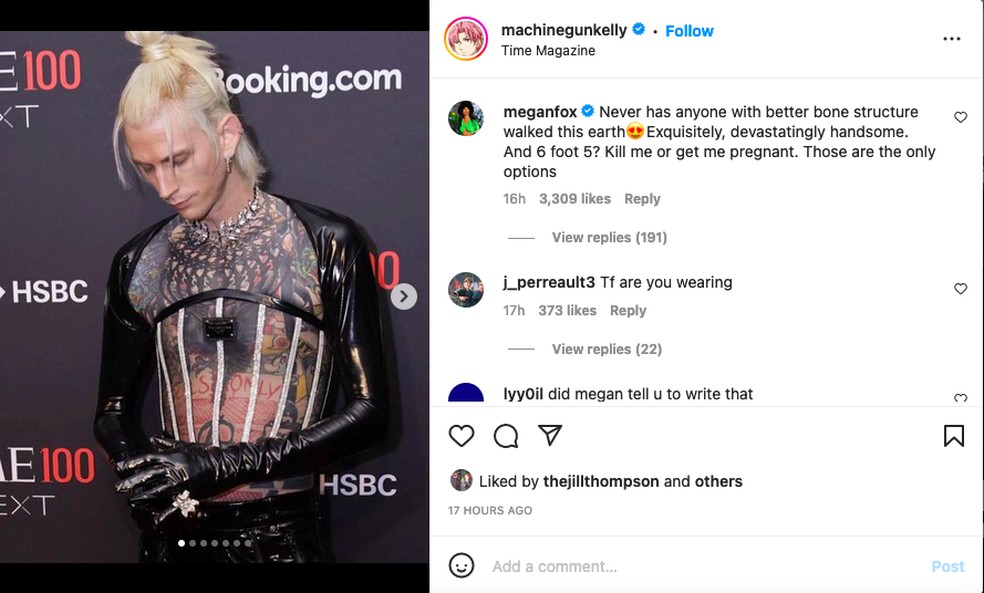 O comentário polêmico de Megan Fox no post de Machine Gun Kelly — Foto: Instagram