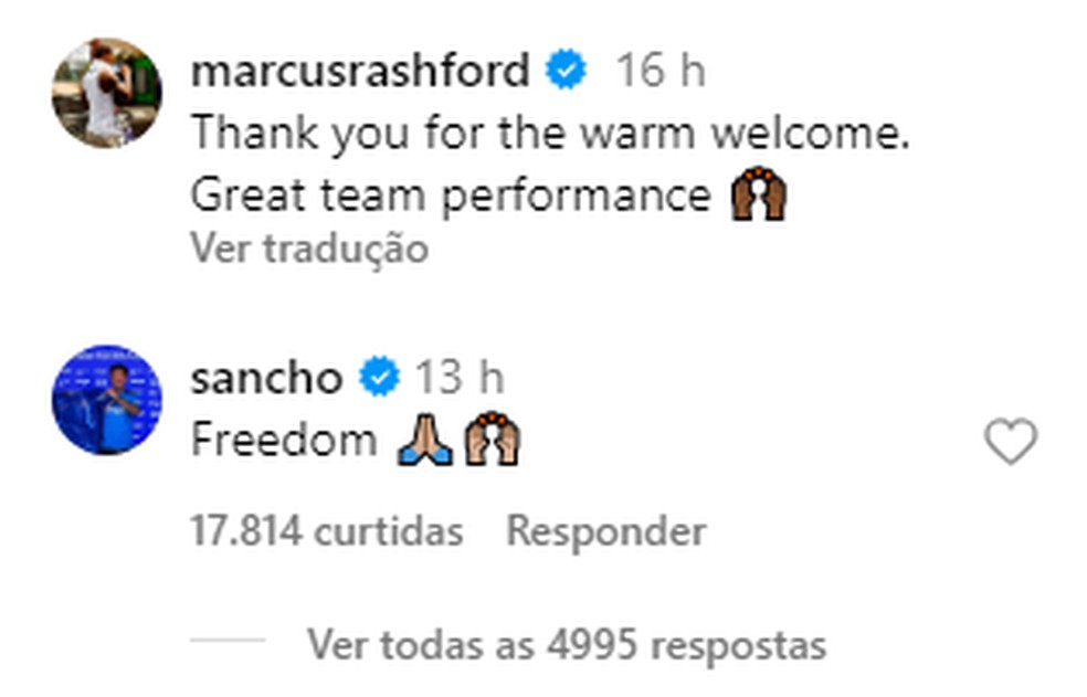 Comentário de uma palavra feito por colega em post de Marcus Rashford ...