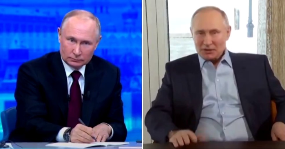 Vladimir Putin, à esquerda, se surpreende ao ver seu clone gerado com inteligência artificial — Foto: Reprodução/Twitter