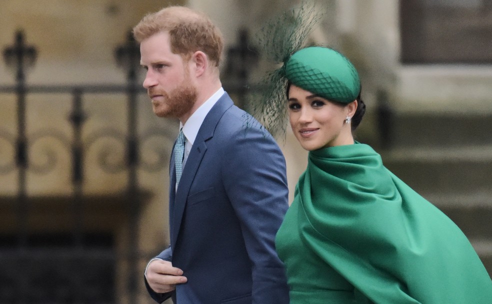 Príncipe Harry e Meghan Markle no último compromisso oficial antes de pedirem para sair da Família Real, em 2020 — Foto: Getty Images
