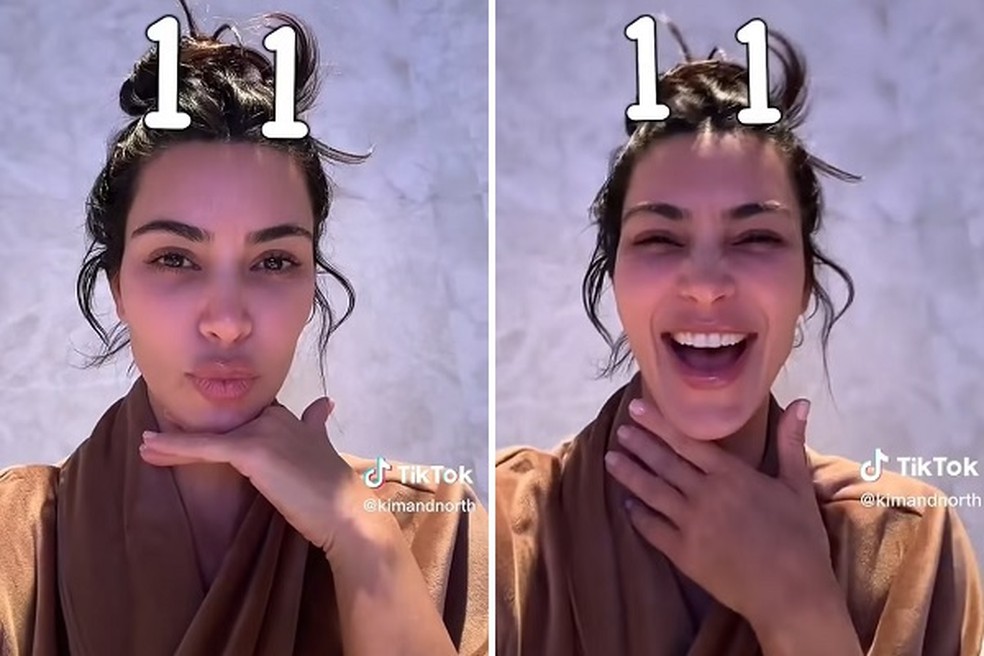  Kim Kardashian rindo do teste que disse que seu rosto tem 11 anos de idade — Foto: Reprodução: Tik Tok