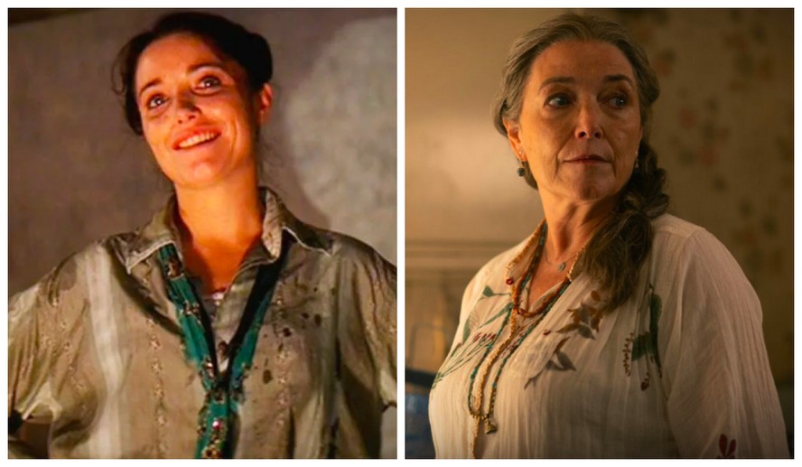 Karen Allen em cenas de Os Caçadores da Arca Perdida (1981) e Indiana Jones e a Relíquia do Destino (2023)