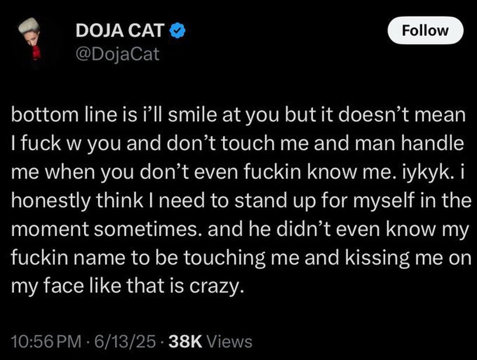 Doja Cat reclamou de interação com fã nas redes sociais — Foto: Reprodução/X