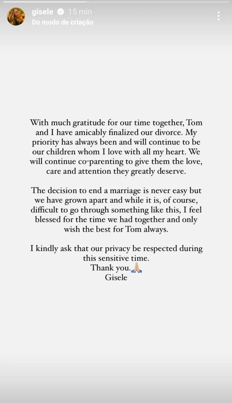 Anúncio de Gisele Bündchen sobre o divórcio — Foto: Instagram