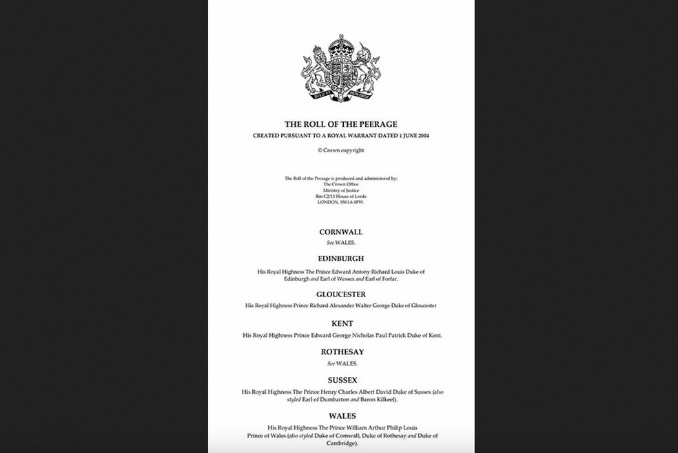O documento público britânico do qual foi removido o nome de Andrew Mountbatten Windsor — Foto: Reprodução