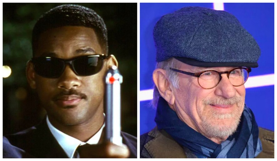 Will Smith em Homens de Preto (1997) e Steven Spielberg, produtor do filme