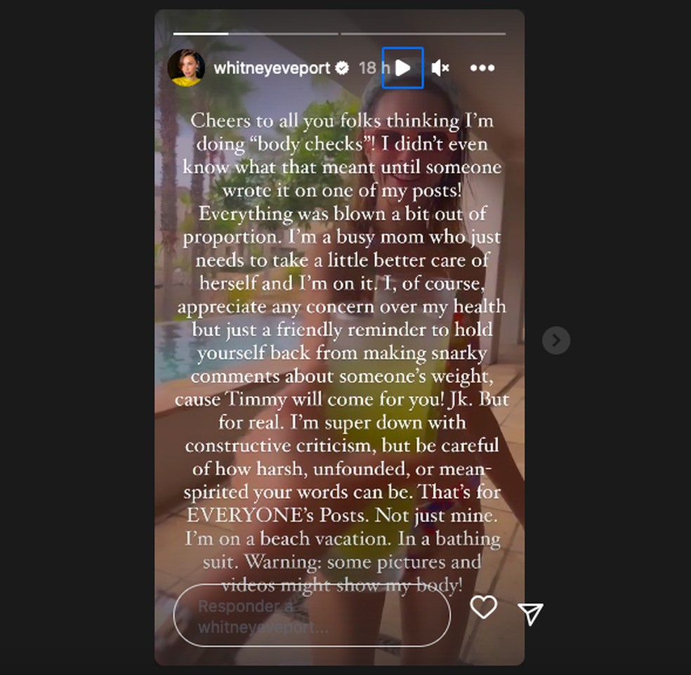 O post de Whitney Port sobre as críticas em torno do peso dela — Foto: Instagram