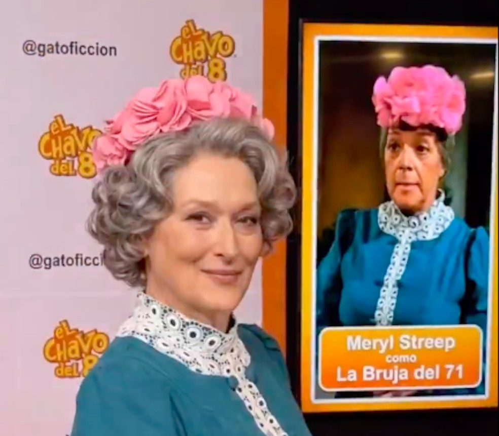 Imagem feita por inteligência artificial mostrando Meryl Streep como personagem de falso remake hollywoodiano de Chaves — Foto: Reprodução/IA