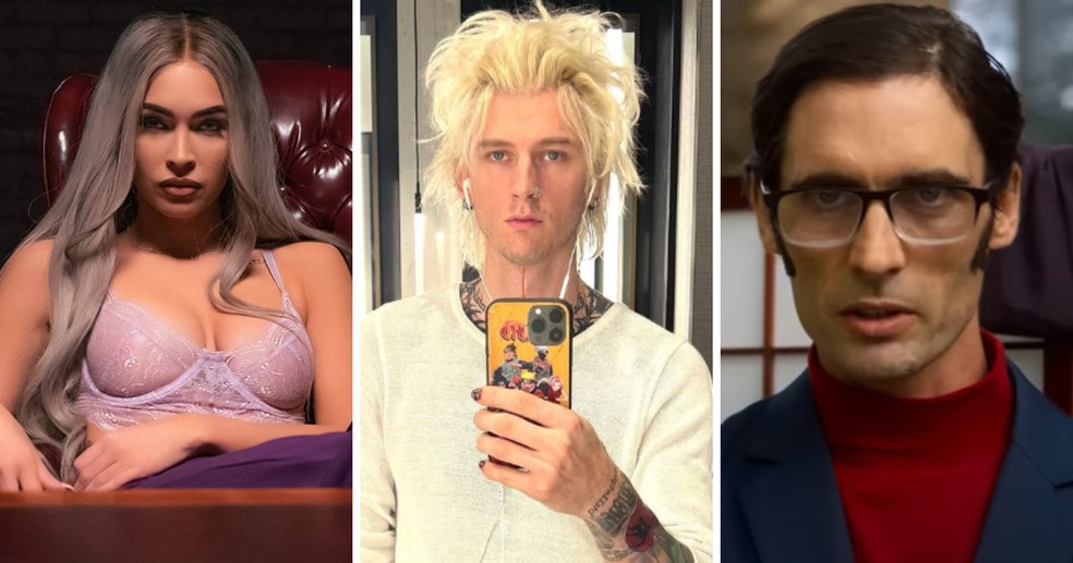 Nas pontas, Megan Fox e Tyson Ritter no filme 'Johnny & Clyde’ (2023); ao centro, Machine Gun Kelly — Foto: Reprodução; Reprodução/Instagram