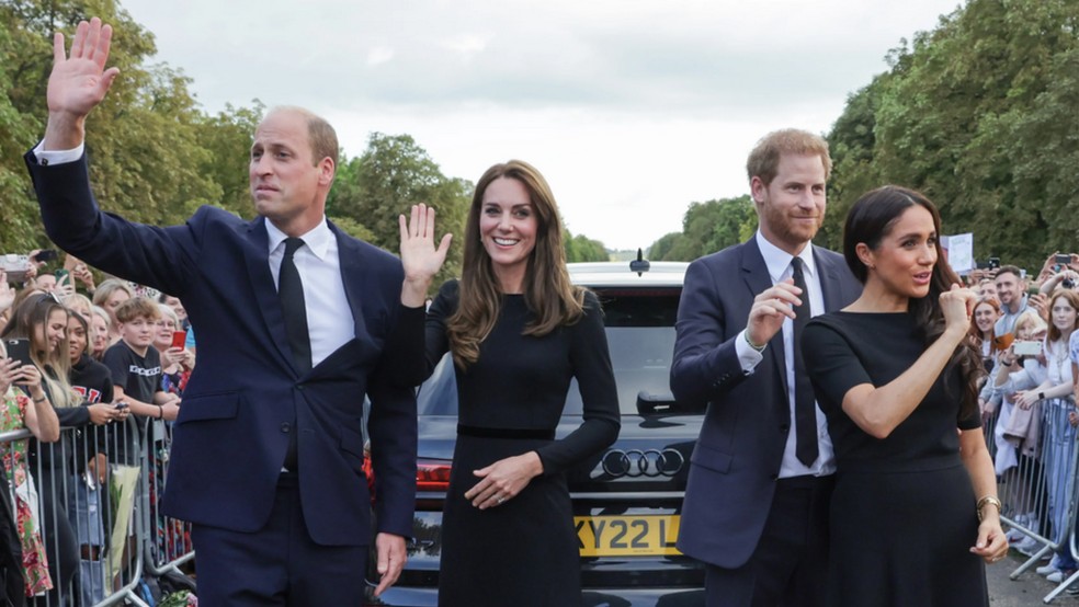 Príncipe William, Kate Middleton, Príncipe Harry e Meghan Markle, em uma das últimas aparições conjuntas, por ocasião do funeral da Rainha Elizabeth II, em 2022 — Foto: Getty Images