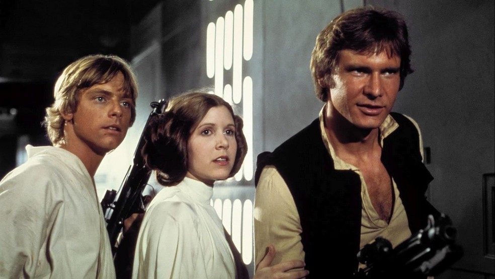 Mark Hamill, Carrie Fisher e Harrison Ford em Star Wars: Episódio IV - Uma Nova Esperança (1977) — Foto: Divulgação